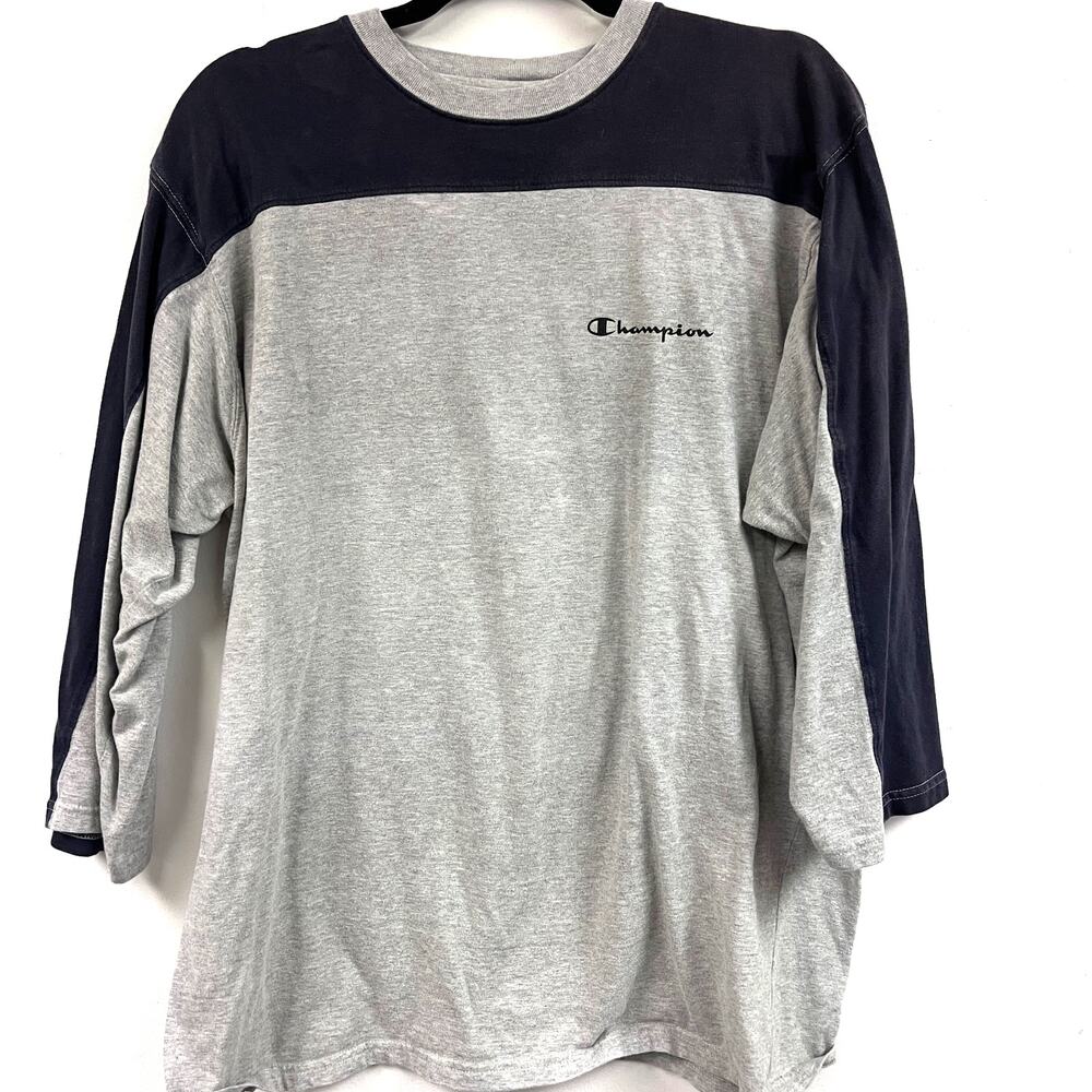 Men's Vintage Champion three quarter sleeve athletic tee 100% cotton blue gray L
